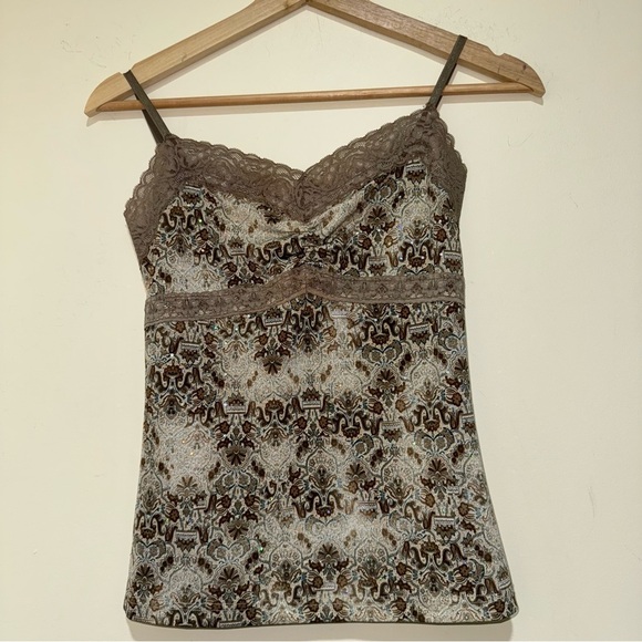Women’s Vintage Y2K Brown Paisley Print Lace Trim Sparkle Cami Tank Top Size L - Picture 5 of 13